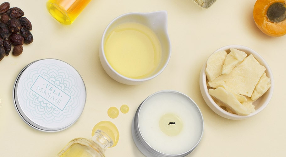 Öle, Butter und Wachse für DIY Massagekerzen.